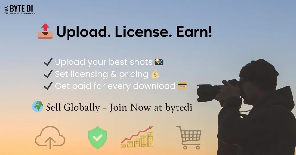 Photographer uploading images to an online platform with icons for licensing, sales, and earnings